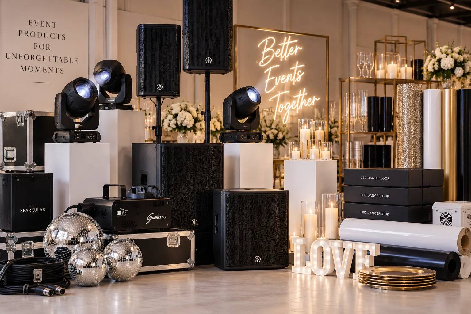 Event shop products including speakers, lighting and dancefloor sheets