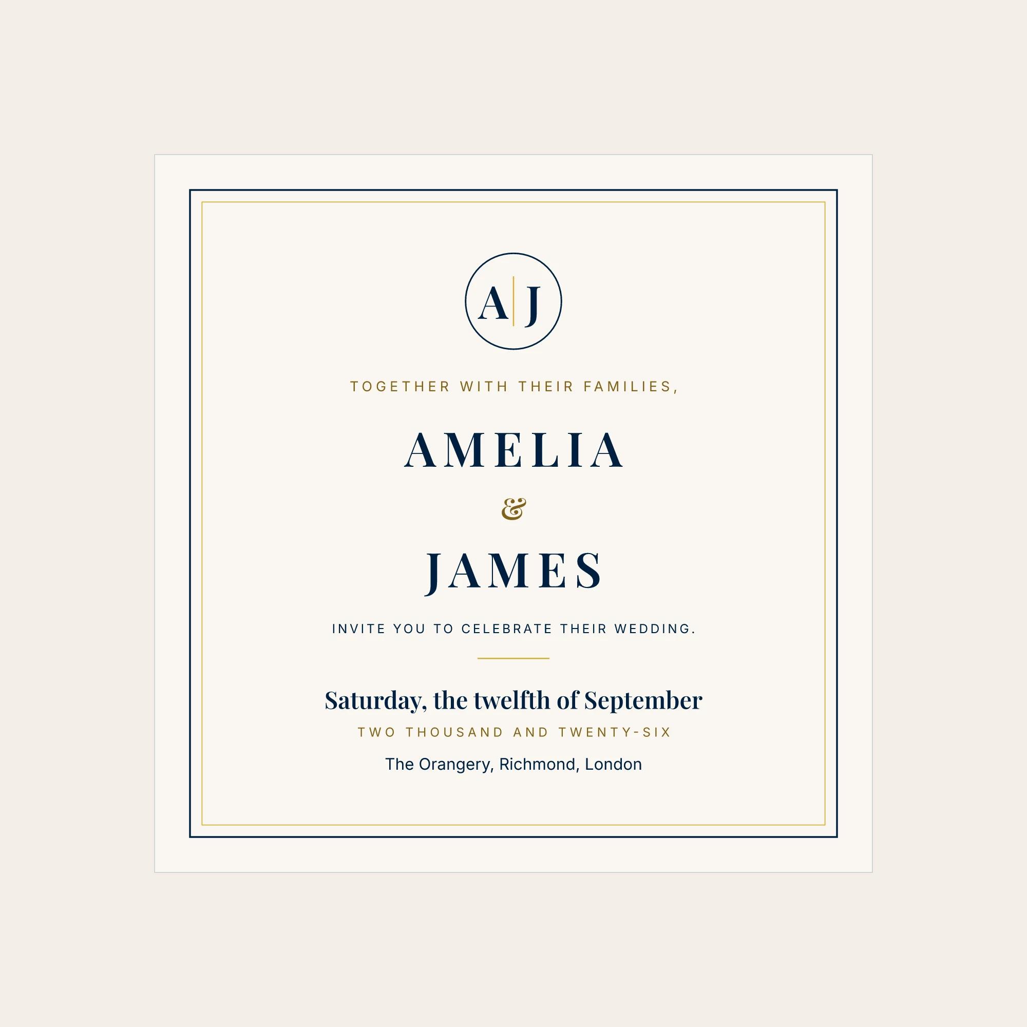 Monogram design square invitation as the proof draws it, flat, with example Amelia and James personalisation