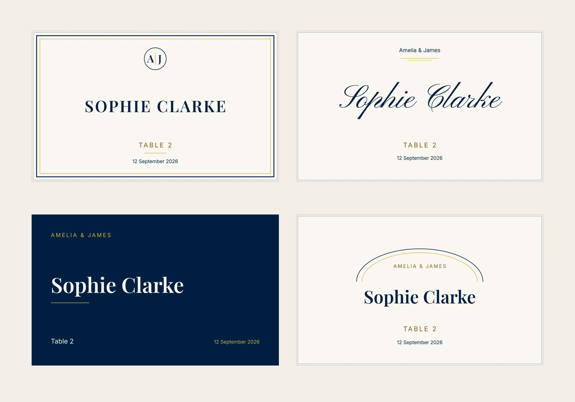 Four name card designs for an example guest, Sophie Clarke at table 2: Monogram, Script, Editorial and Arch