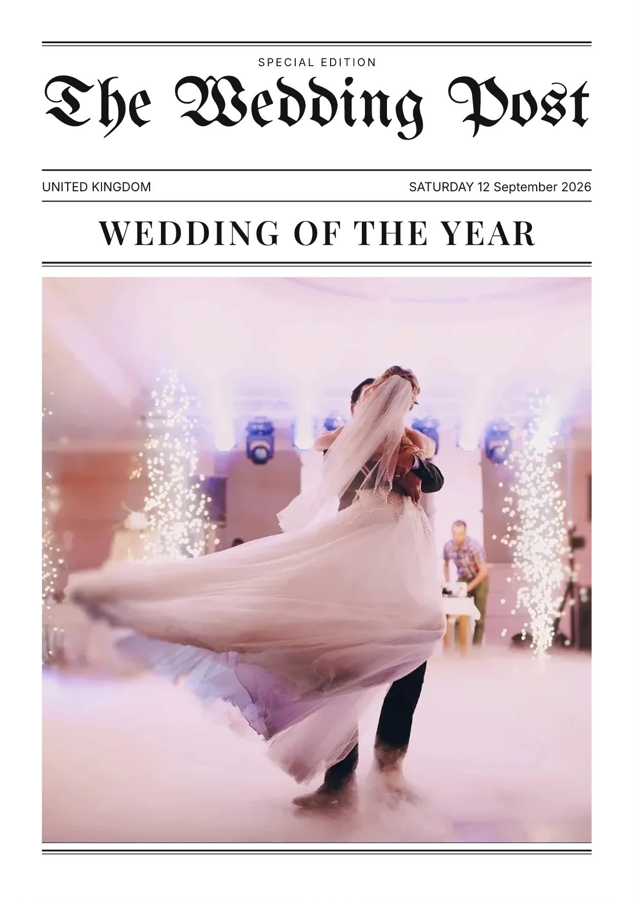 Front page of The Wedding Post wedding newspaper with a first-dance photograph, as the proof draws it, with example names