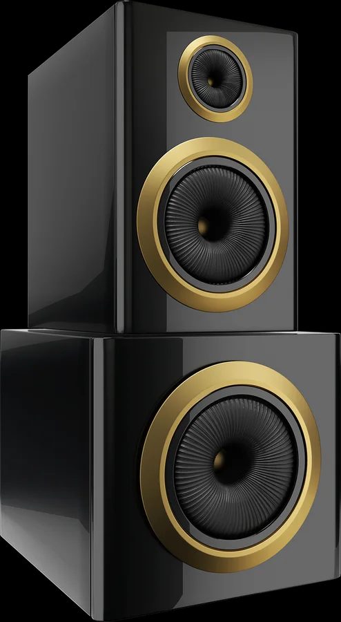 Black gloss speakers with gold trim, stacked