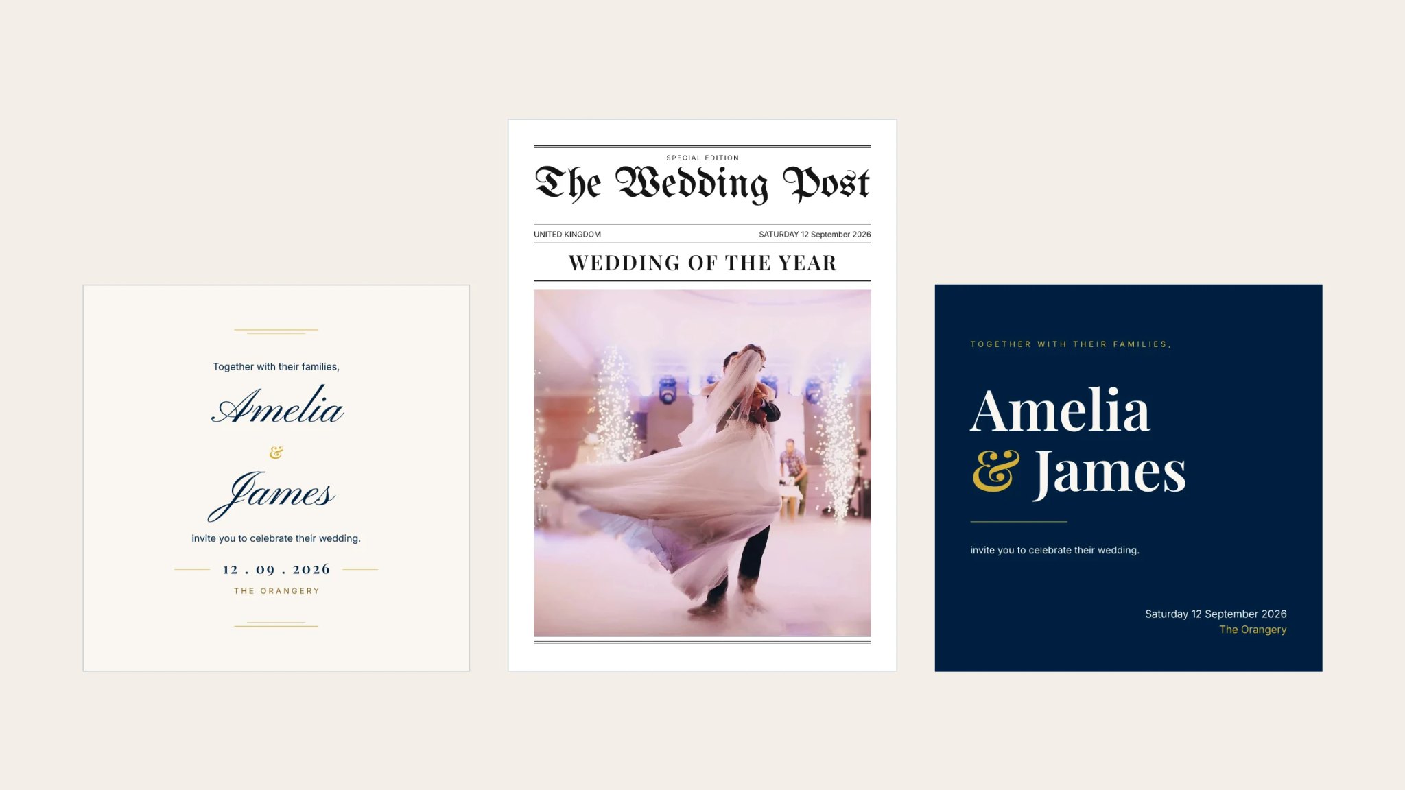 The Wedding Post newspaper with a first-dance photograph on the front page, between Script and Editorial design invitations, with example Amelia and James personalisation