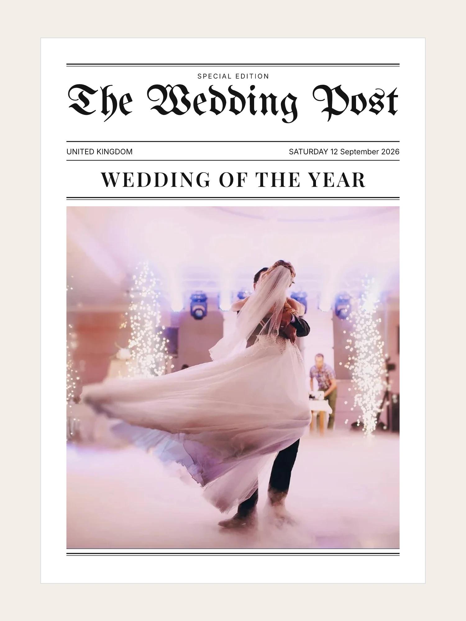 Front page of The Wedding Post with a first-dance photograph in the cover frame, as the proof draws it, with example Amelia and James personalisation